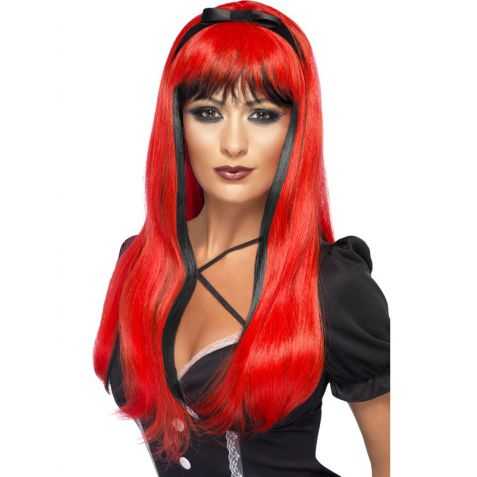 Perruque de Sorcière avec longs cheveux noirs et rouges avec noeud