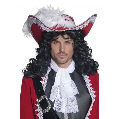 Chapeau de Pirate authentique Rouge avec plume et galon