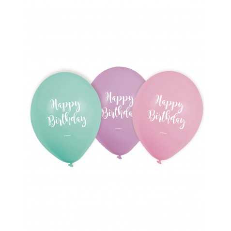 6 Ballons en latex Happy Birthday pastel 22,8 cm