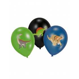 6 Ballons en latex Grands Dinosaures noir, vert et bleu 27,5 cm