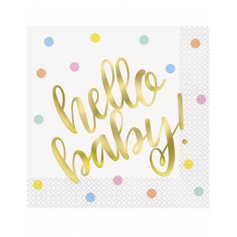 16 Serviettes en papier hello baby blanches et or 33 x 33 cm