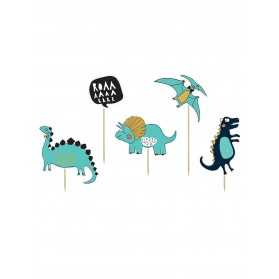 5 Cake toppers en carton dinosaures bleus 10,5 - 20 cm