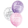 6 Ballons roses, violets et blancs Happy Birthday