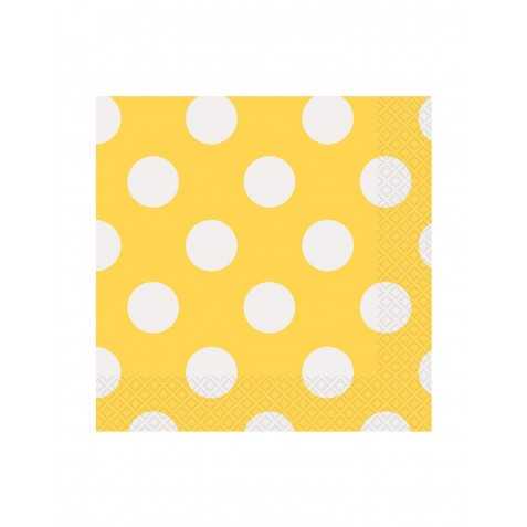 16 Petites Serviettes en papier jaunes à  pois blanc 25 x 25 cm