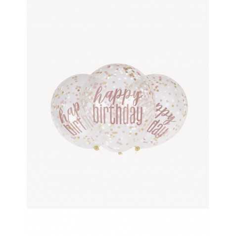 6 Ballons en latex transparents happy birthday à  confettis roses 30 cm