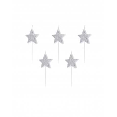 5 Bougies d'anniversaire sur pic étoiles argentées pailletées 3,5 cm