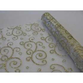 Chemin de table organza doré arabesques pailletées 28 cm x 5 m