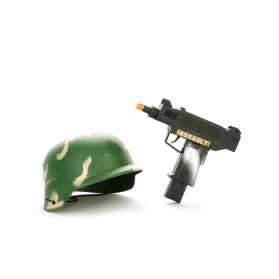 Panoplie soldat enfant avec casque et mitraillette militaire