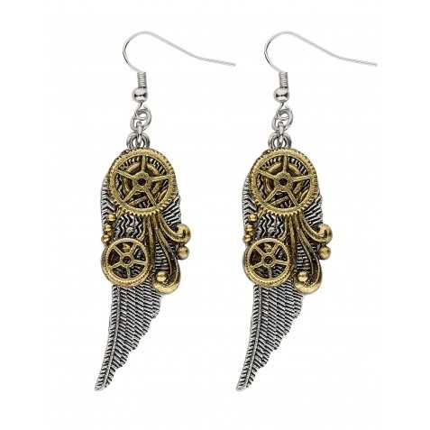 Boucles d'oreilles rouages et plumes adulte Steampunk