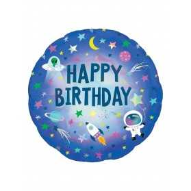Ballon aluminium holographique Happy Birthday espace 45 cm
