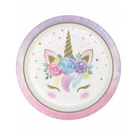 8 Assiettes en carton licorne féerique blanches 23 cm