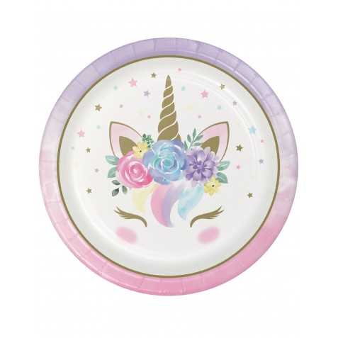 8 Assiettes en carton licorne féerique blanches 23 cm