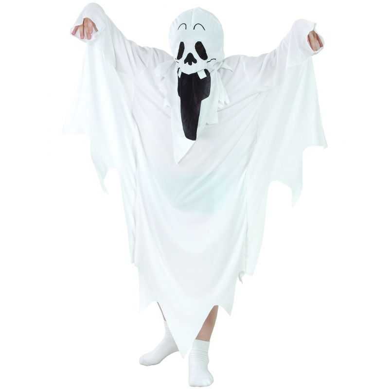 Costume Halloween Fantôme Blanc Pour Enfant – Robe, Capuche à Grille Et Faucille Incluses – Taille 3-12 Ans