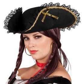 Tricorne Femme Noir avec rubans dorés